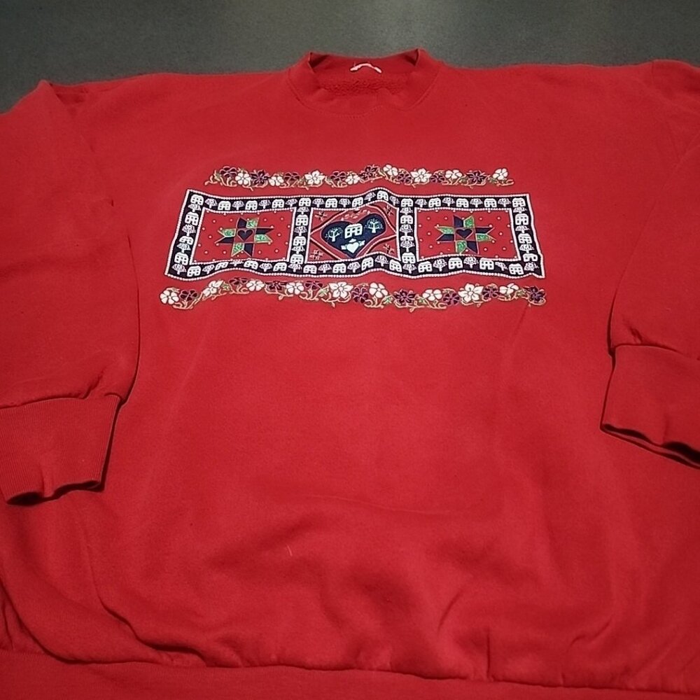 Vintage Red Pullover Sweatshirt With Folk Art-Inspired Graphic & Floral Accents